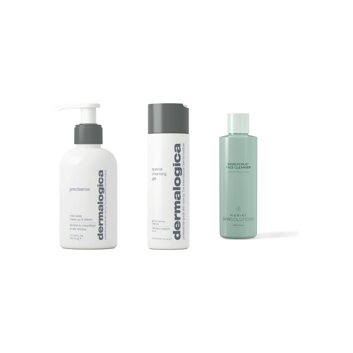 Dermalogica PreCleanse, Dermalogica Special Cleansing Gel and Marini SkinSolutions Bioglycolic Facial Cleanser — three cleanser types from The Facial Maestro