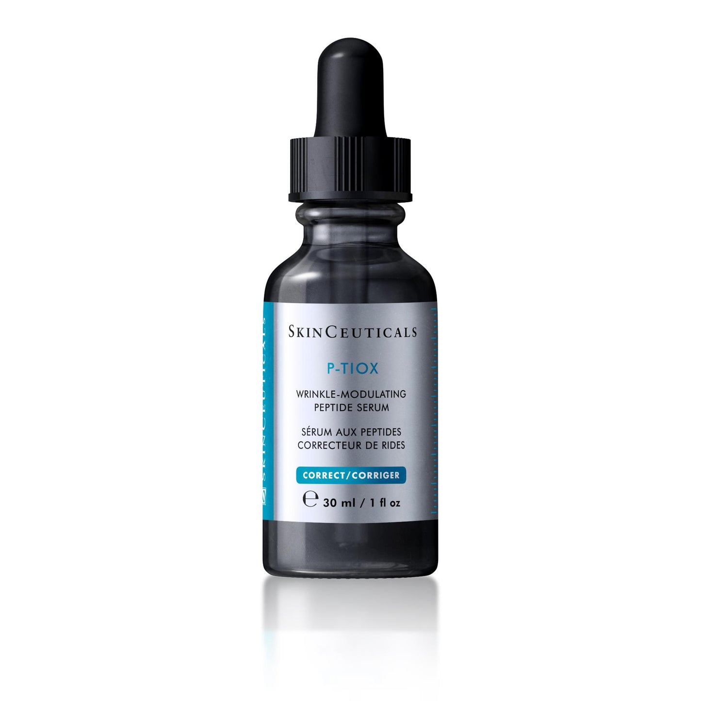 SkinCeuticals P-Tiox Wrinkle-Modulating Peptide Serum in a 30 ml black glass dropper bottle with a black cap and a blue and white label, shown on a white background with a soft reflection.