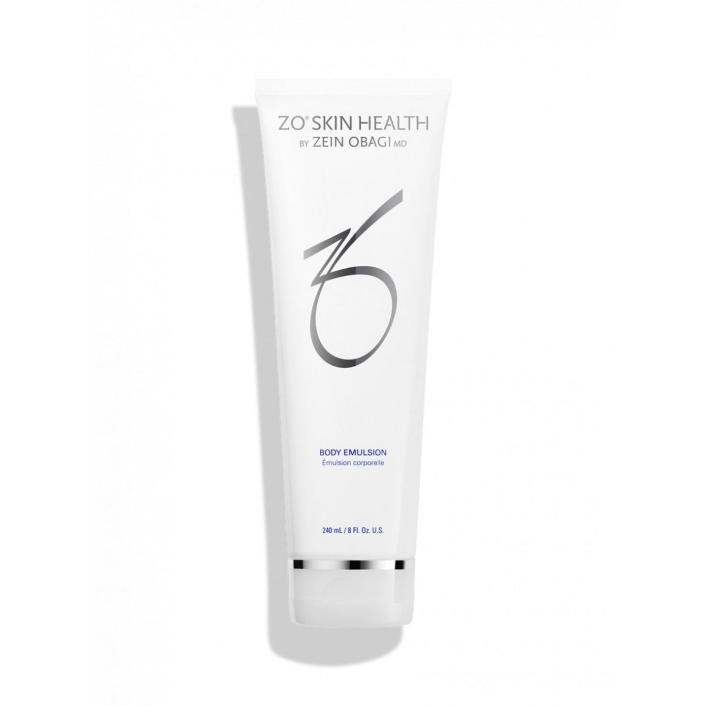ZO Skin Health by Zein Obagi Body Emulsion 240mL in a white squeeze tube with silver text and logo, set against a plain white background with a soft shadow. The Facial Maestro