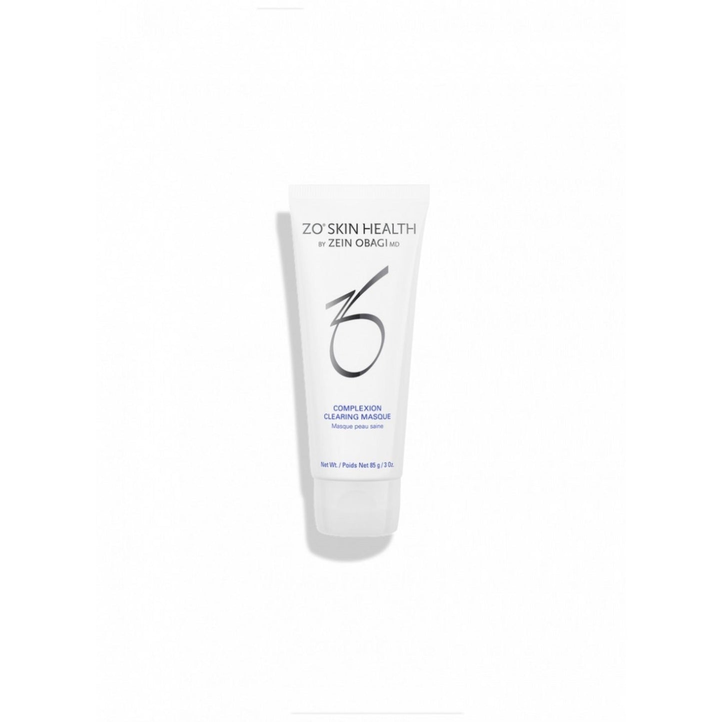 ZO Skin Health by Zein Obagi Complexion Skin Clearing Mask 85g in a white squeeze tube with black and blue text, centered on a white background.