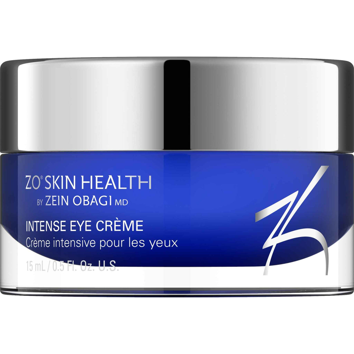ZO Skin Health by Zein Obagi MD Intense Eye Crème in a 15 mL jar with a metallic silver lid and a deep blue label. The Facial Maestro