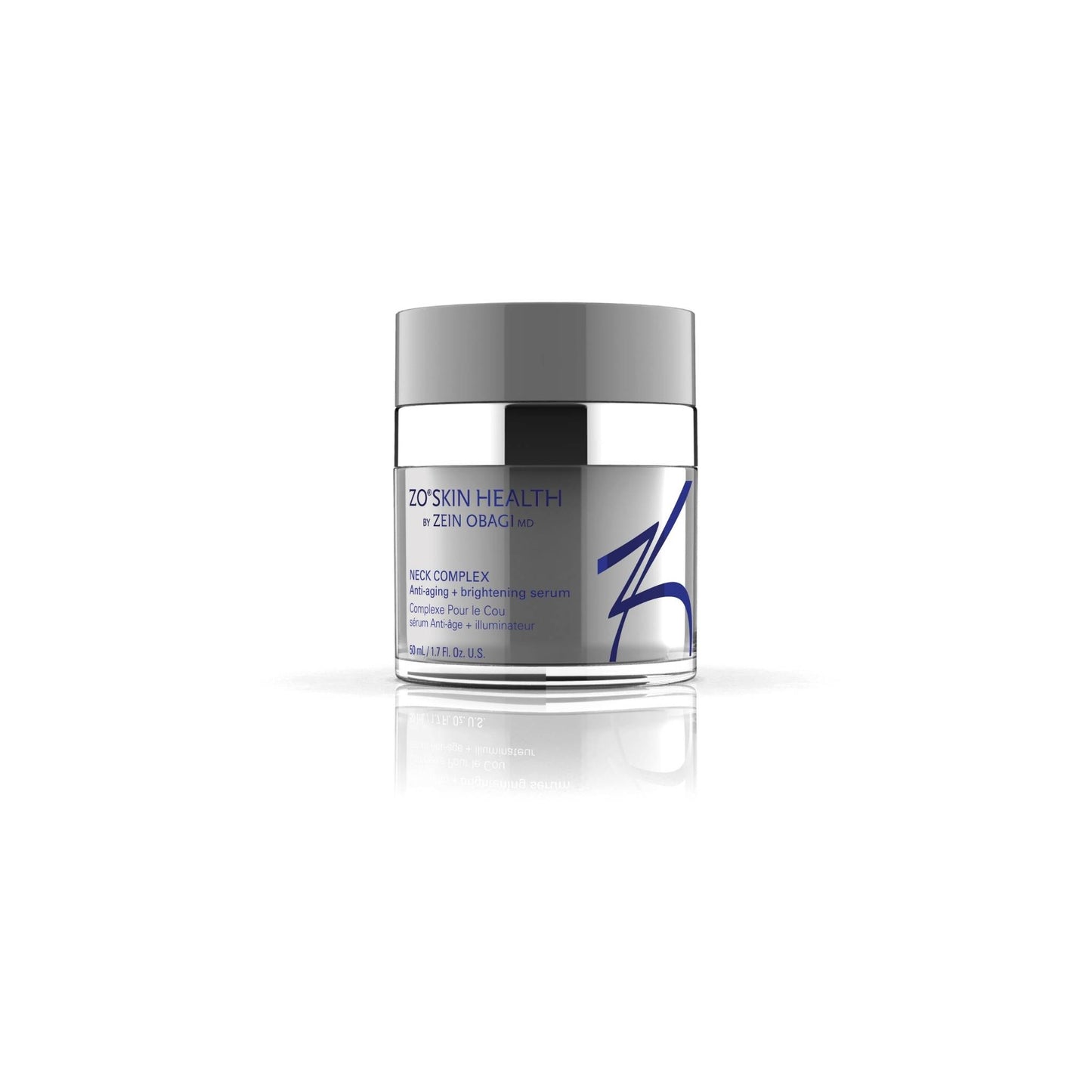A jar of ZO Skin Health Zein Obagi Neck Complex cream 50mL, featuring a silver-gray container with a metallic silver lid and blue text, set against a clean white background with a soft reflection. The Facial Maestro