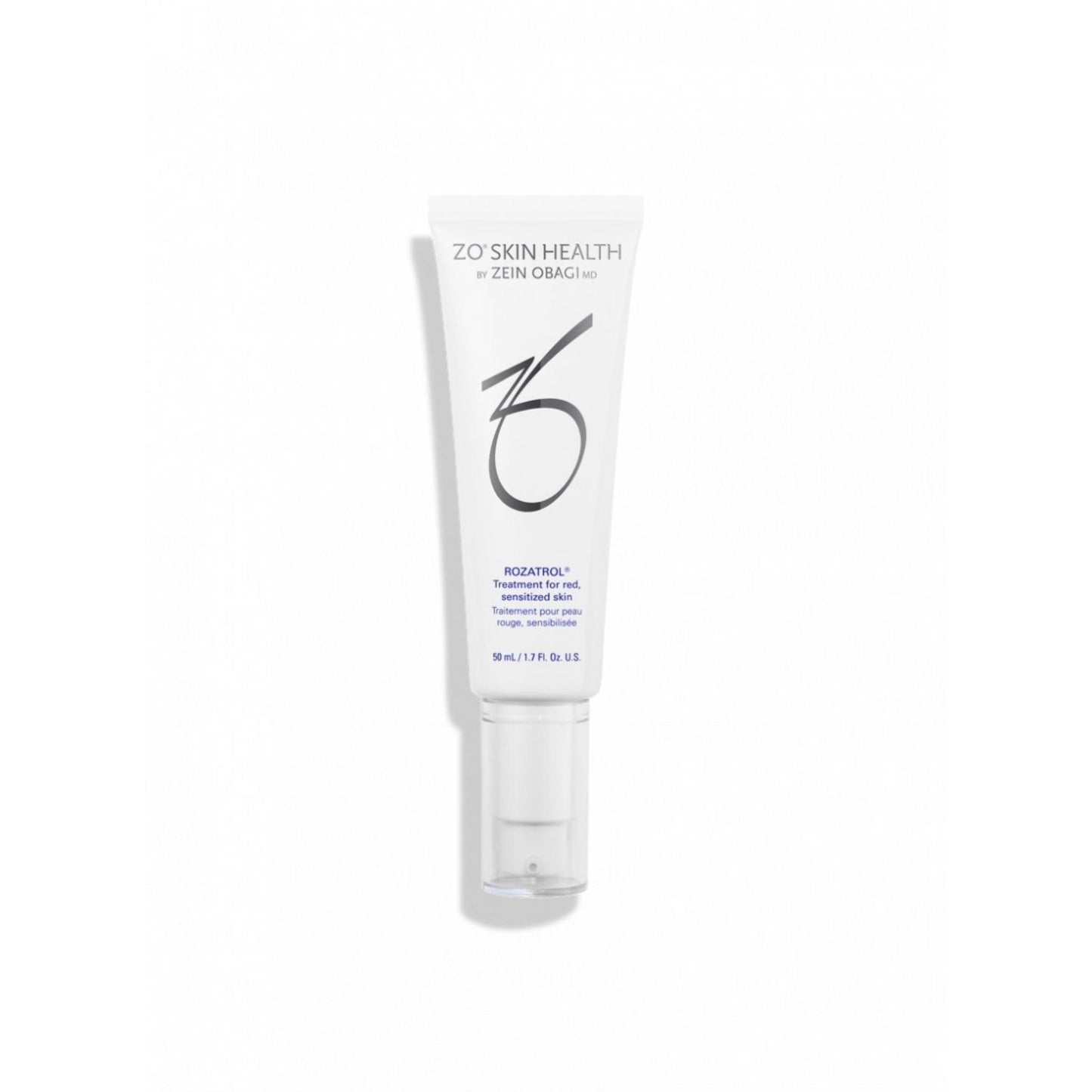 A white tube of ZO Skin Health by Zen Obagi Roaztrol product, featuring a clear cap, on a clean white background with a soft shadow.