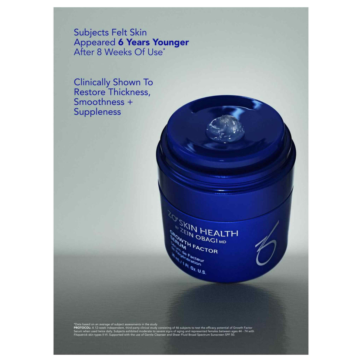 A blue cosmetic jar labeled 'ZO SKIN HEALTH GROWTH FACTOR SERUM' on a gray background with promotional text at the top.