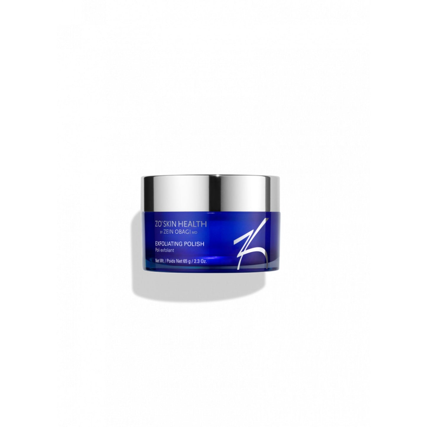 ZO Skin Health Exfoliating Polish 65g in a blue jar with a reflective silver lid, centered on a white background with a soft shadow.