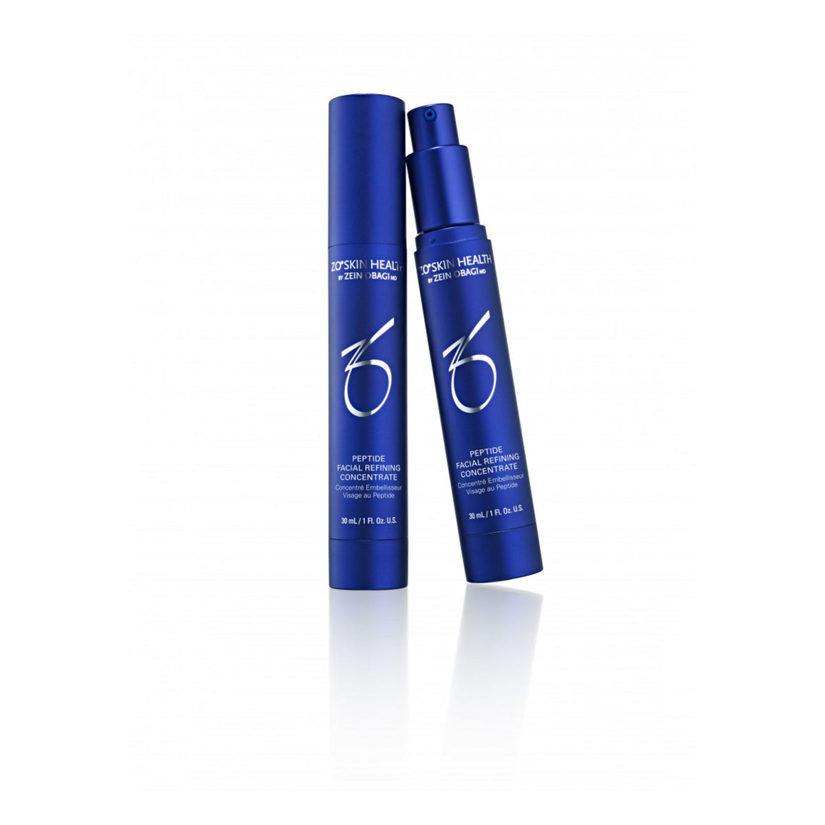 Two Peptide Facial Refining Concentrate 30mL bottles standing upright on a clean white background, with one bottle slightly behind the other and a soft reflection below.