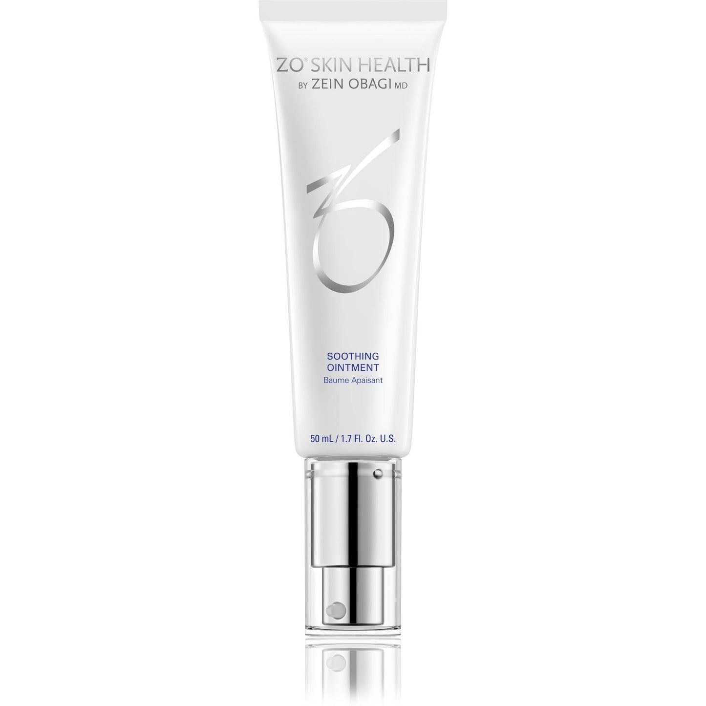 ZO Skin Health by Zein Obagi Soothing Ointment in a white squeeze tube with a metallic silver cap, centered on a white background with a subtle reflection.
