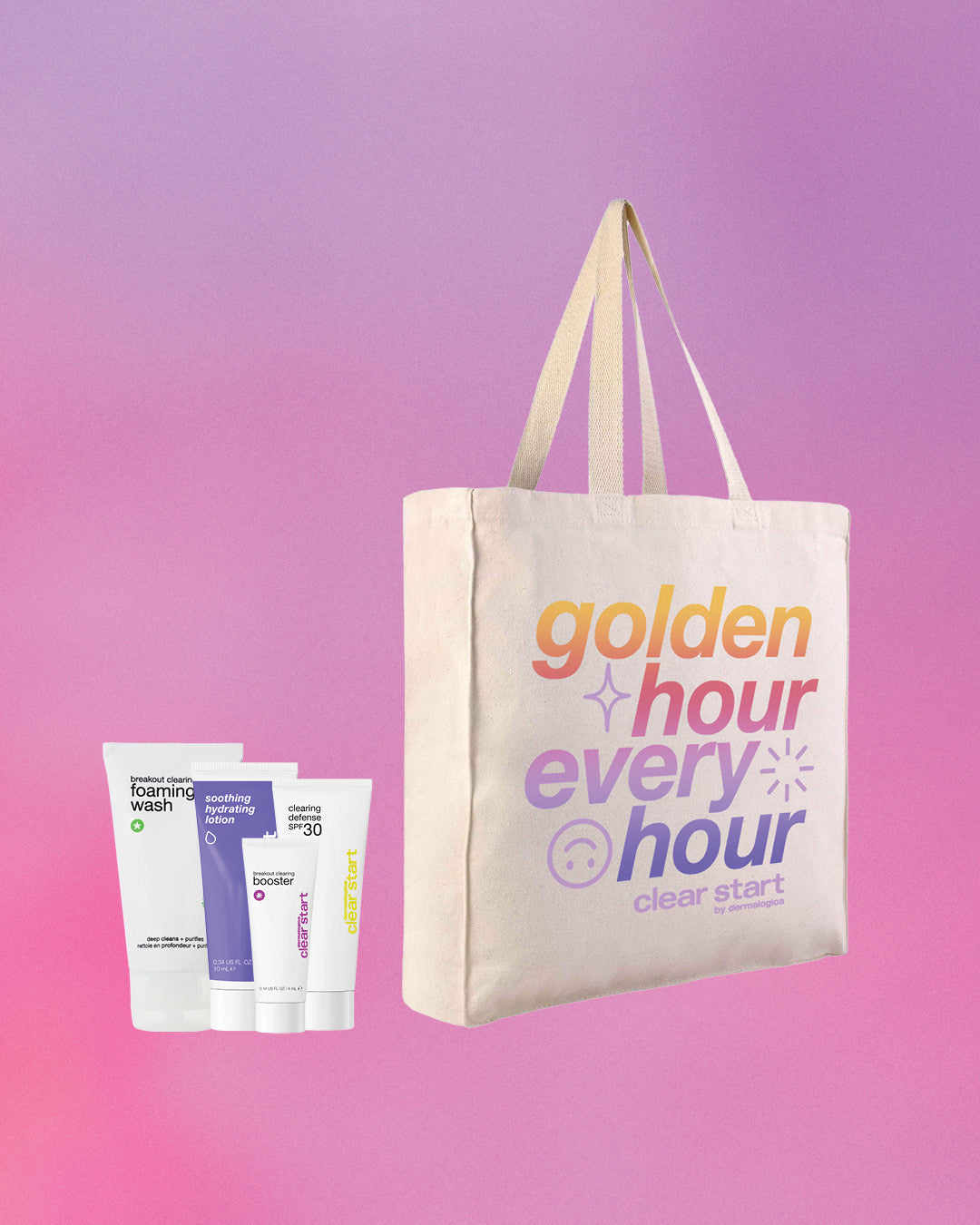 Clear Start Golden Hour Every Hour tote with four Clear Start minis