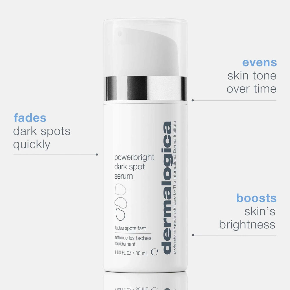 Dermalogica powerbright dark spot serum bottle with text highlighting product benefits on a white background