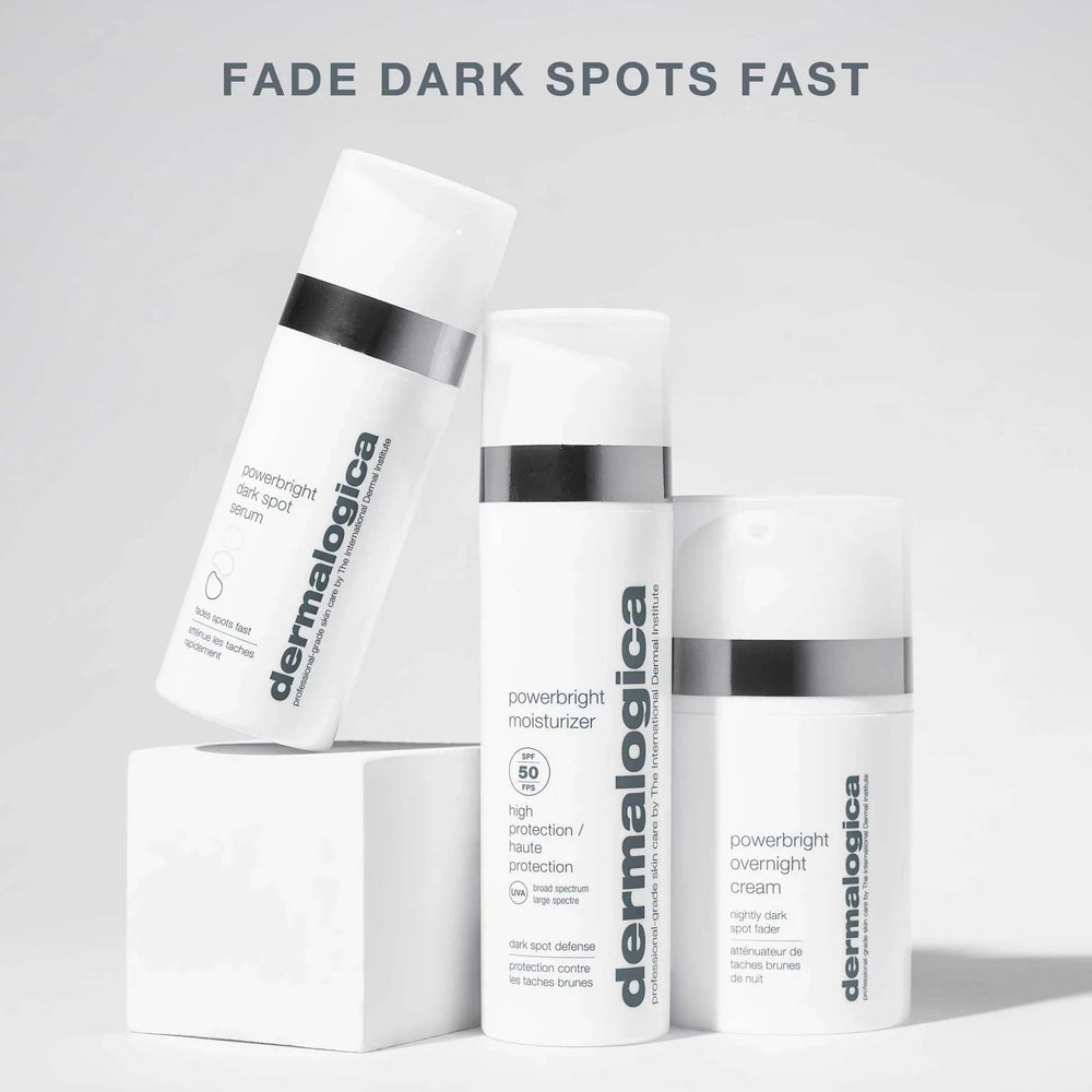 Dermalogica powerbright products on a light gray background with text 'Fade Dark Spots Fast'.