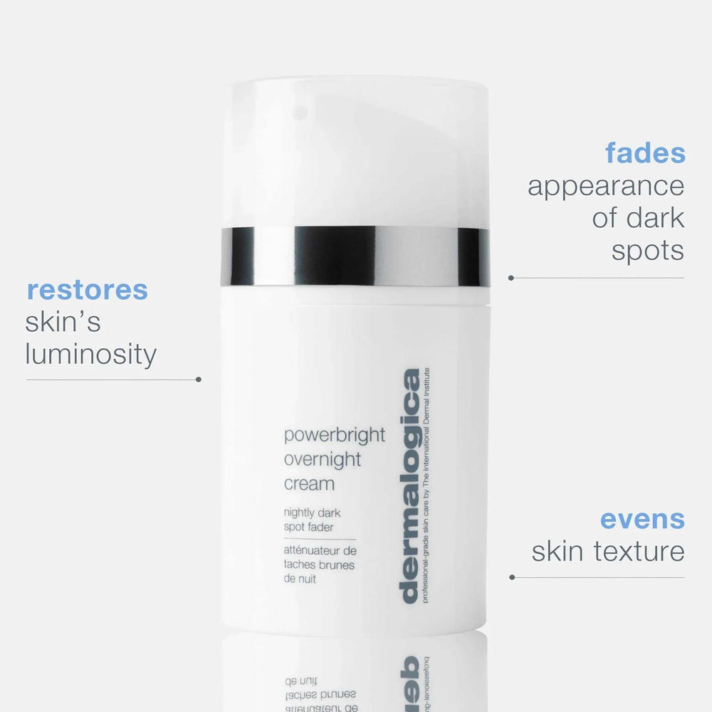 Dermalogica powerbright overnight cream bottle with text highlighting product benefits on a white background