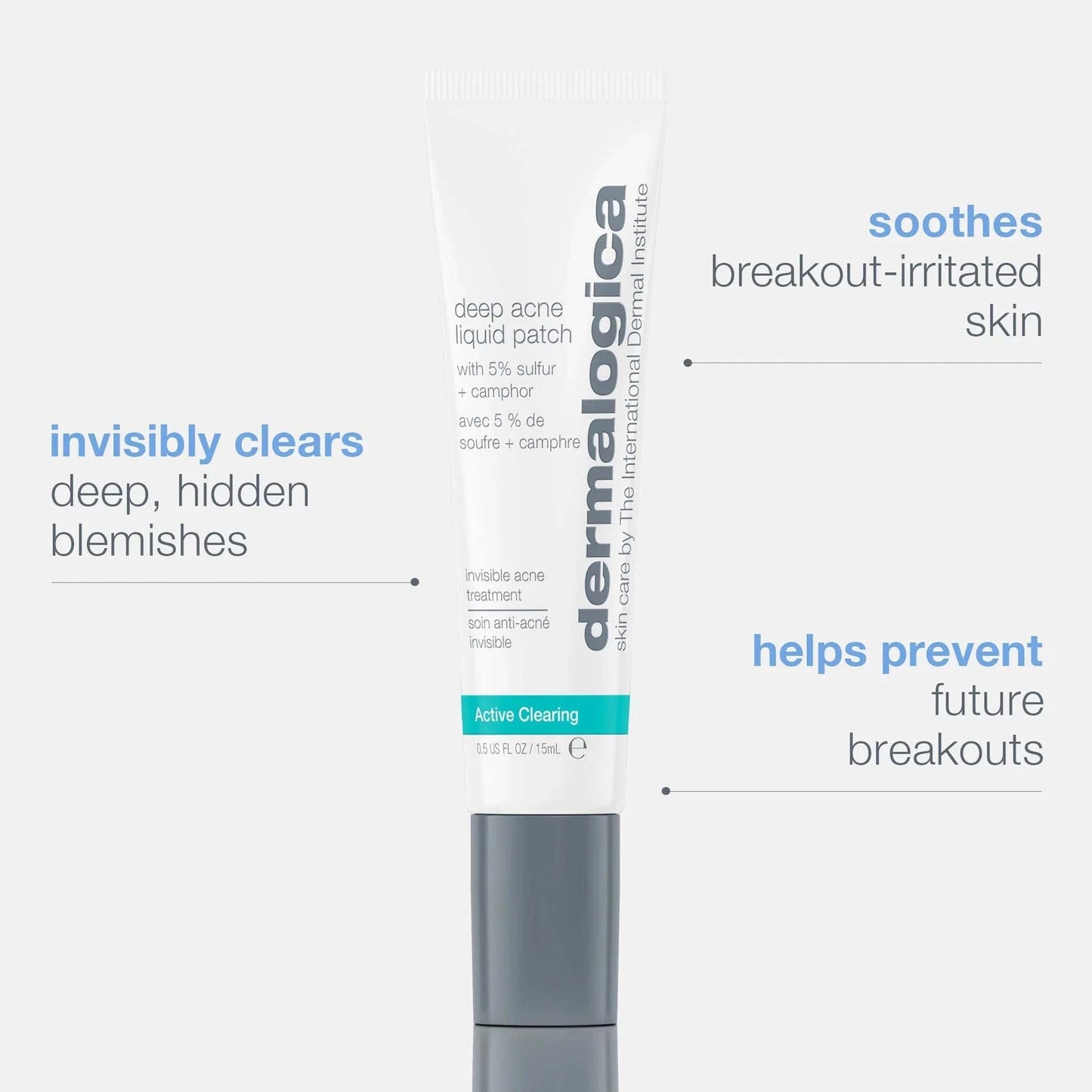 Dermalogica deep acne liquid patch packaging with text on a white background